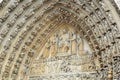 Frieze and the tympanum of the portal of the Last Judgement at Notre Dame Cathedral, Paris, France Royalty Free Stock Photo