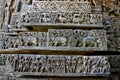 Friezes of animals, scenes from mythological episodes from Ramayana and Mahabharata, at the base of temple, Hoysaleshwara temple,