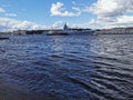 Frigate `Admiral of the Fleet Kasatonov` in the Neva water area for the Day of the Navy in St. Petersburg.