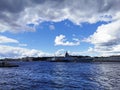 Frigate `Admiral of the Fleet Kasatonov` in the Neva water area for the Day of the Navy in St. Petersburg