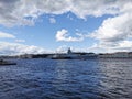 Frigate `Admiral of the Fleet Kasatonov` in the Neva water area for the Day of the Navy