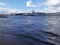 Frigate `Admiral of the Fleet Kasatonov` in the Neva water area for the Day of the Navy in St. Petersburg