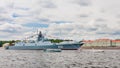 Frigate Admiral Kasatonov on the eve of the day of the Russian Navy in the waters of the Neva is anchored with flags. The