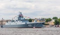 Frigate Admiral Kasatonov on the eve of the day of the Russian Navy in the waters of the Neva is anchored with flags. The