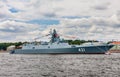 Frigate Admiral Kasatonov on the eve of the day of the Russian Navy in the waters of the Neva is anchored with flags. The Royalty Free Stock Photo