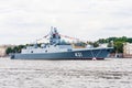 Frigate Admiral Kasatonov on the eve of the day of the Russian Navy in the waters of the Neva is anchored with flags. The