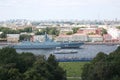 Cityscape with the frigate Admiral Kasatonov in the center of St. Petersburg