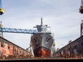 Frigate is being repaired in a dry dock at Blohm und Voss in Hamburg