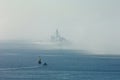 Frigate in the Fog in Plymouth Sound Royalty Free Stock Photo
