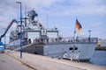 the frigate Mecklenburg-Vorpommern of the German Navy is located in the port of Wismar