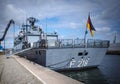 the frigate Mecklenburg-Vorpommern of the German Navy is located in the port of Wismar