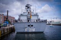 the frigate Mecklenburg-Vorpommern of the German Navy is located in the port of Wismar