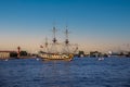 Frigate Poltava at sunset in St. Petersburg Royalty Free Stock Photo