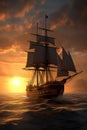 Frigate sailing under full sail at sunset.