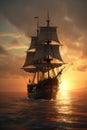 Frigate sailing under full sail at sunset.