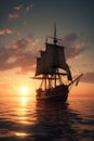 Frigate sailing under full sail at sunset.