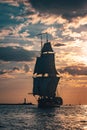 The Frigate Shtandar in calm weather sailing sunset time Riga Latvia