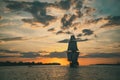 The Frigate Shtandar in calm weather sailing sunset time Riga Latvia