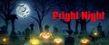 Fright Night - A spooky Halloween graveyard with pumpkins, bats, a black cat, full moon and green mist