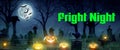 Fright Night - A spooky Halloween graveyard with pumpkins, bats, a black cat, full moon and green mist