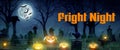 Fright Night - A spooky Halloween graveyard with pumpkins, bats, a black cat, full moon and green mist Royalty Free Stock Photo