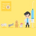 Frighten cute dogs, cat, doctor with injection needle character for vaccinate pets