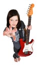 Frighten woman with red guitar Royalty Free Stock Photo