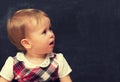 Frightened baby girl with chalk at a school board