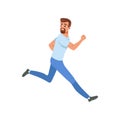 Frightened bearded man running away looking back. Cartoon character of young guy with scared face expression. Flat Royalty Free Stock Photo