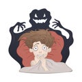 Frightened Boy in bed and the creepy shadow monster. Fear of the dark, nightmare. Vector illustration, on white