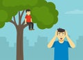 A frightened boy climbed a tree and sits on a branch. Schocked young male character holding his head.