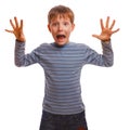 Frightened boy feels fear danger uzhaz opened his Royalty Free Stock Photo