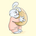 Frightened bunny holds a golden egg before hatching a chicken. Vector Royalty Free Stock Photo