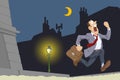 Frightened businessman running around night city. Funny people