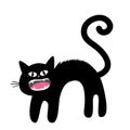 Frightened cat arch back. Screaming kitten. Hair fur stands on end. Eyes, fangs, moustaches whisker. Cute funny cartoon character.