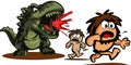 Cavemen running from t-rex dinosaur vector graphics illustration