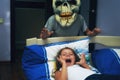 Frightened child at night in bed. Royalty Free Stock Photo