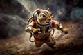 Frightened chipmunk astronaut wearing spacesuit running away from danger