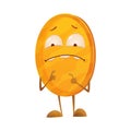 Frightened coin. Icon for the game apps interface. Cartoon image of funny golden coin with arms and legs, emotions on a