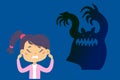 Frightened cute child covering face with hands, little scared girl afraid of monster