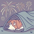 Frightened dog hiding under a blanket scared of fireworks with fireworks exploding in background Royalty Free Stock Photo
