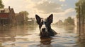 A frightened dog swims in the water of a flooded village in Ukraine. Concept of ecological catastrophe. Generative AI.