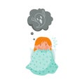 Frightened Girl Hiding Under Blanket in Bed and Imagining Spooky Ghost Vector Illustration