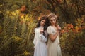 Frightened girls in vintage dresses Royalty Free Stock Photo