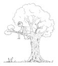 Frightened Superhero or Hero Is Hiding from Small Dog on the Tree, Vector Cartoon Stick Figure Illustration