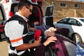 Frightened israeli elderly woman suffering from shock after Qassam rocket attack on Sderot Israel Royalty Free Stock Photo