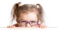 Frightened kid in spectacles looking from under Royalty Free Stock Photo