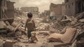 A Frightened Little Boy Walks The Streets Amidst The Ruins Of War And Finds Solace In His Teddy Bear - Generative AI
