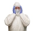 Frightened Man Holding Head With Hands Wearing HAZMAT Protective Clothing I