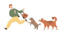 Frightened man runs away from stray dogs, flat vector illustration isolated.